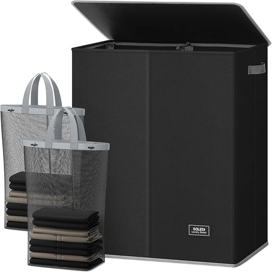 SOLEDI Double Laundry Hamper with Lid and Removable Laundry Bags,Divided Laundry Bin - Large Clothes Hamper 2 Section - Collapsible Laundry Baskets for Bedroom, Bathroom, Laundry Room,Black