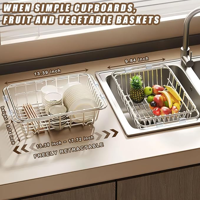 Drain Rack for Dishes Inside/Outside Sink-Expandable Stainless Steel Structure, Rubber Primer Protection, Space-Saving Kitchen Storage Tool. (Middle)