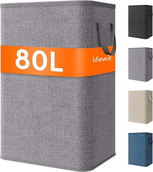 Lifewit 80L Large Tall Laundry Hamper, Collapsible Laundry Basket with Handles, Foldable Clothes Hampers for Laundry, Portable Dirty Clothes Hamper for Dorm College Bedroom Bathroom, Light Gray