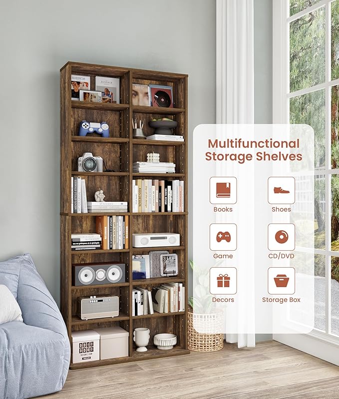 DVD Storage Tower, 16 Shelf Multimedia Storage Tower with Adjustable Shelves 8-Tier CD Cabinet for Living Room Home Office