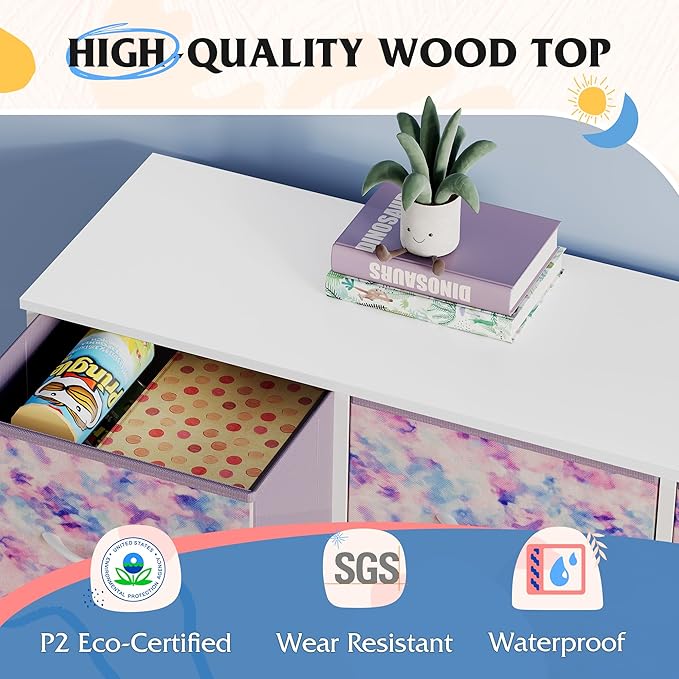 WLIVE 7 Drawer Dresser TV Stand, Entertainment Center, Media Console Table with Wood Top for TV up to 45 inch, Chest of Drawers for Bedroom, Living Room, Tie-dye Print (Pink, Purple, Blue)