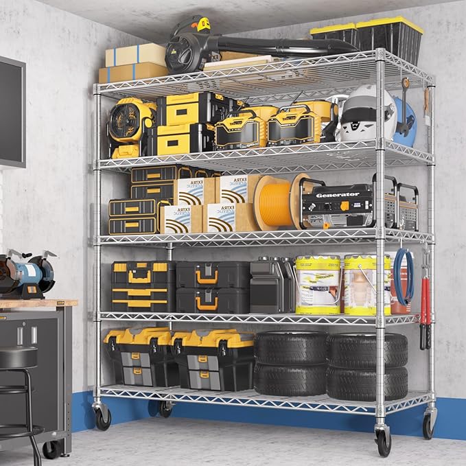 PrimeZone 5 Tier 48" Wx24''Dx81''H Wire Shelving with Wheels 3000lbs NSF Storage Shelves Heavy Duty Metal Shelf Adjustable Rolling Rack Commercial Garage Restaurant Warehouse Kitchen Chrome 6Pack