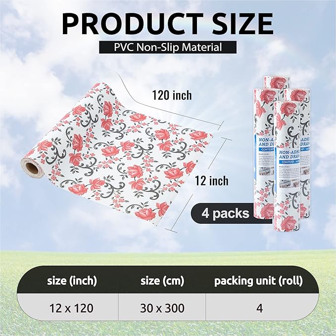 FIFTY FEET 12X120 Inch Shelf Liner for Kitchen Cabinets, PVC Drawer Liner for Dresser Non-Slip Bathroom, Non-Adhesive Cabinet Liner Washable (Red Floral)(4 Roll)