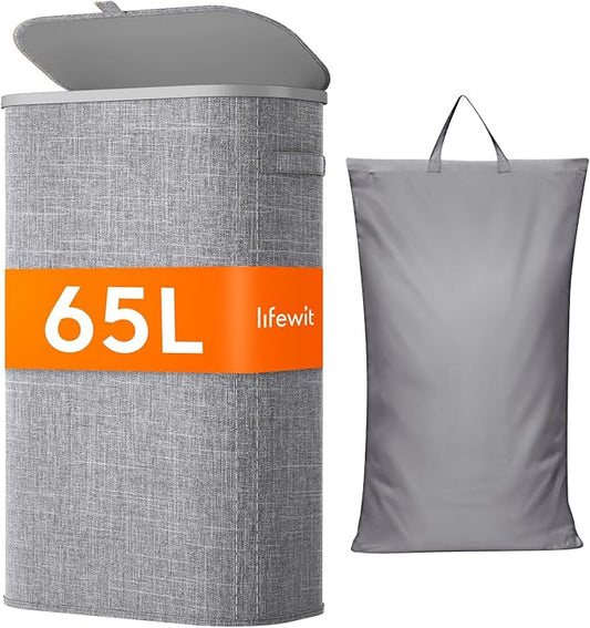 Lifewit 65L Slim Laundry Basket with Lid, Narrow Large Laundry Hamper with Plastic Handles and Removable Bag, Tall Foldable Dirty Clothes Hampers for Laundry Room, Bedroom, Bathroom, Dorm, Gray