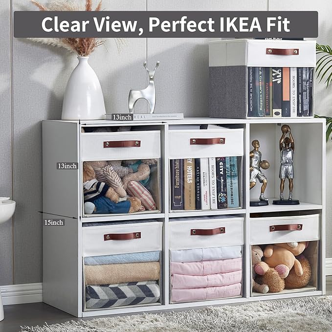 Bagnizer Storage Cubes, 4 Pack Linen Foldable Storage Bins with Clear Window and 2 Handles, 13x15x13 Storage Cube Bins for Shelf Closet, Kallax, Clothes, Books - (Gray and White)