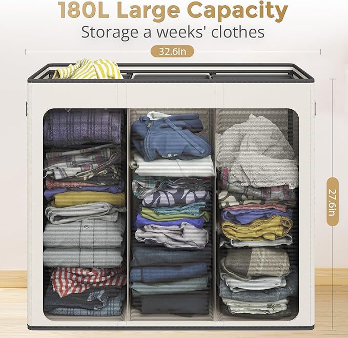 Optish 180L Laundry Hamper 3 Section, Large Laundry Basket with Lid, Laundry Basket Organizer with Handles, White Divided Laundry Baskets, Clothes Hampers for Laundry, Bedroom, Bathroom