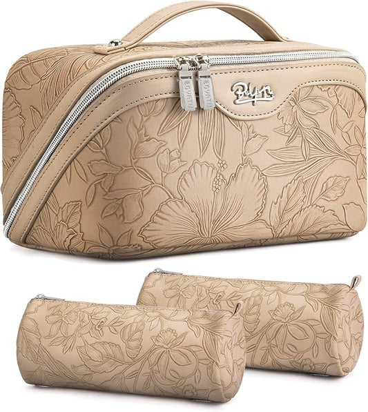 BOYATU Travel Makeup Bags Cosmetic Organizer Bag: 3-Set Large Capacity Make up Bag - PU Leather Toiletry Bags for Women - Wide Open Portable Pouch with Divider & Handle (02-Light Brown)