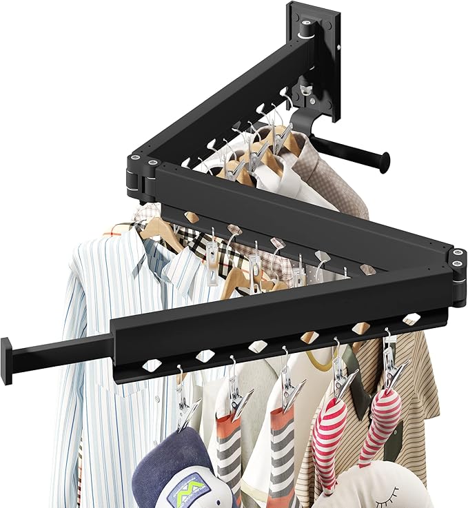 HEILAIYI Wall Mounted Clothes Hanger,Clothes Drying Rack,Laundry Drying Rack,Clothes Rack,Laundry Rack Wall Mount,Retractable Collapsible Drying Rack Clothing (Windproof Holes,with Clips),Black