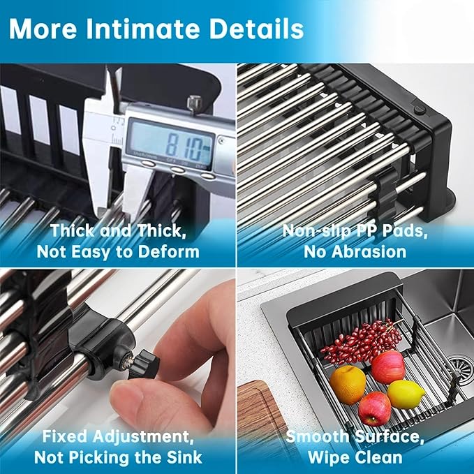 Small Black Dish Drying Rack - Stainless Steel Adjustable Dish Drainer, Compact Kitchen Sink Organizer for Fruits Vegetables (12.5-18 Inches)