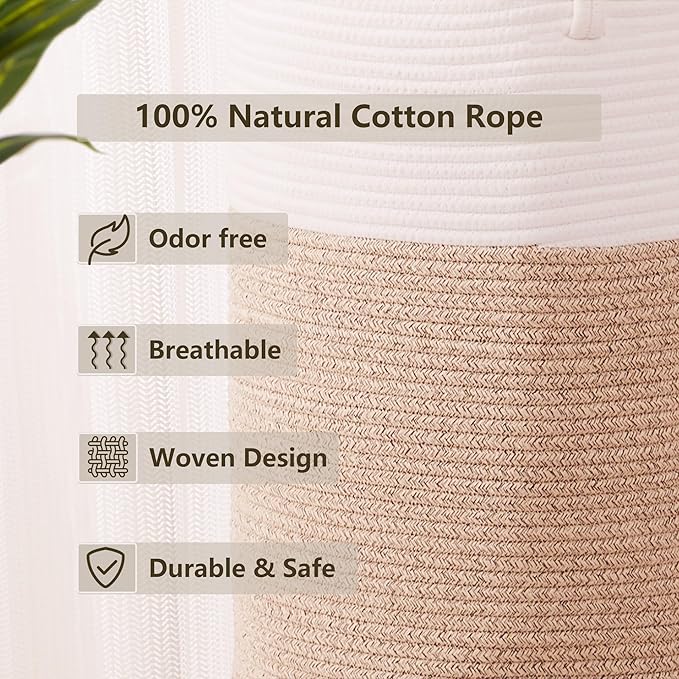 80L Extra Large Laundry Hamper Basket Tall Woven Rope Clothes Hamper Blanket Basket for Living Room Bathroom Bedroom Brown 16"L x 16"W x 22"H