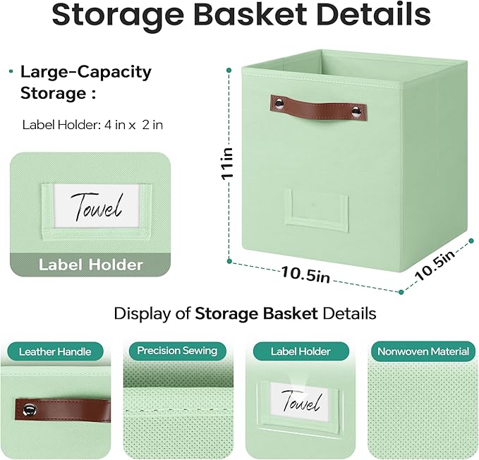 FinishingBo 6-Pack Storage Cubes with Handles & Label Holders Basket, Closet Cube Home Organizer Bins(Green, 10.5*10.5*11 inch)