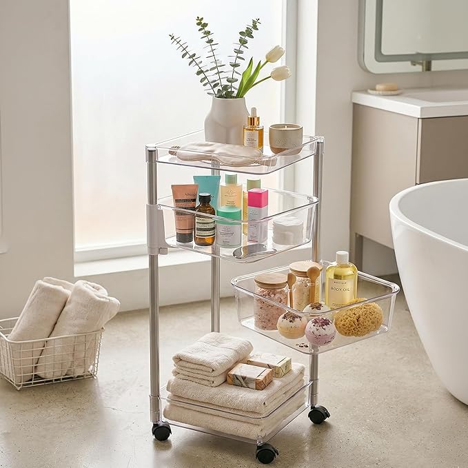 OnDisplay 360° Rotating Clear Storage Trolley – Multi-Tier Rolling Acrylic Utility Cart for Vanity, Craft Room, Pantry, Office & Bathroom – Mobile Multipurpose Organizer Rack for Makeup, Kitchen,
