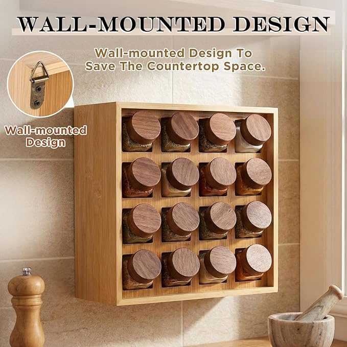 Novabright 16 Grids Bamboo Spice Rack Organizer, Wooden Spice Rack Wall Mount with Square Compartments, Wood Hanging Shelf for 4 oz Glass Jar Drawer Cabinet Kitchen Countertop Wall