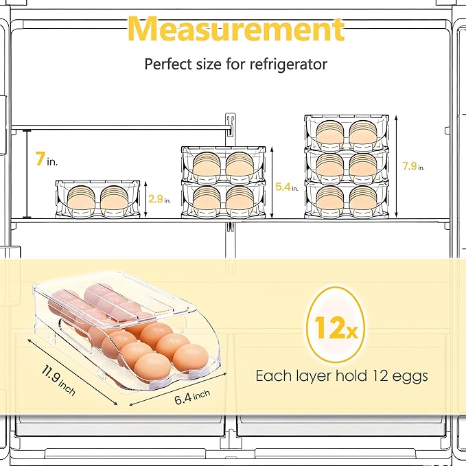 SMRCAD Egg Holder for Fridge, Automatic Steady Rolling Egg Container with Soft Bumpers & Handle for Refrigerator, Stackable Fridge Organizers and Storage with Lid