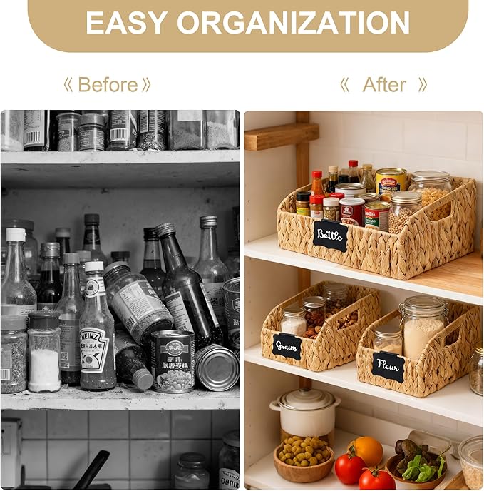 Wicker Baskets for Organizing, Pantry Baskets with Built-in Handles, Handwoven Wicker Storage Basket, Water Hyacinth Storage Bins for Shelves, Small - 2pcs, Natural