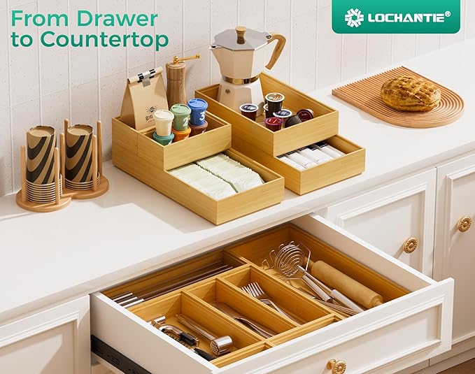 Bamboo Kitchen Drawer Organizer Set of 2, Stackable 12" x 6" Wood Silverware Utensil Tray for Drawers Bins, Cutlery & Flatware Storage – Wooden Boxes Organizers for Junk Drawer, Bathroom, RV