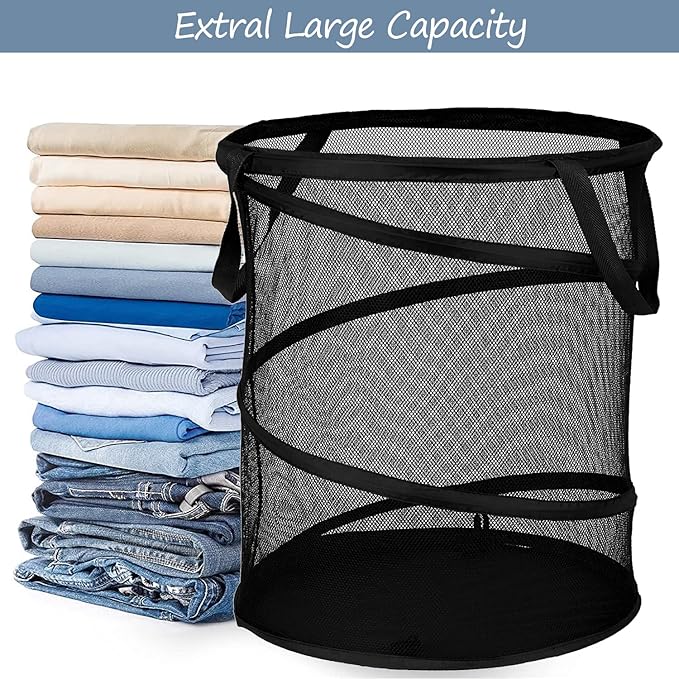 BATTOO Mesh Collapsible Laundry Baskets, Foldable Pop Up Laundry Hamper, Large Laundry Basket Hamper for Laundry, Bathroom, Kids Room, College Dorm, Travel, Camping Black