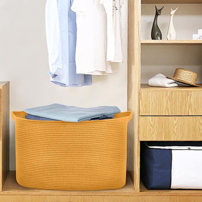 MEGASKET Extra Large Orange Storage Basket, 23.6" x 17" x 12" Rectangle Baskets for Organizing, Blanket Toy Bin Organizer, Colorful Woven Cotton Rope Baskets for Decor