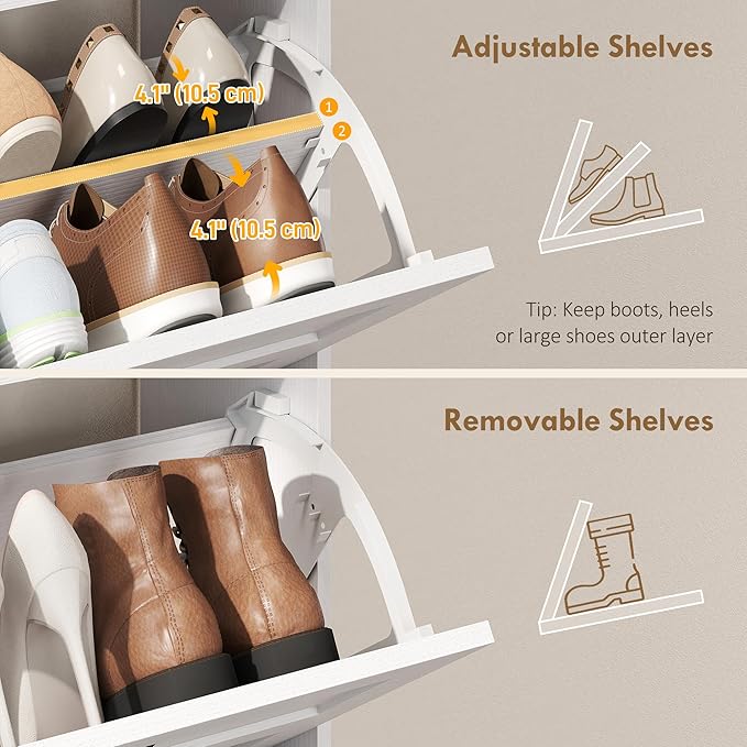 HOMCOM Shoe Cabinet with 2 Flip Drawers, Narrow Shoe Storage Cabinet with Adjustable Shelves and Open Shelf, Farmhouse Storage Organizer for Entryway, Hallway, Holds 12-16 Pairs, White