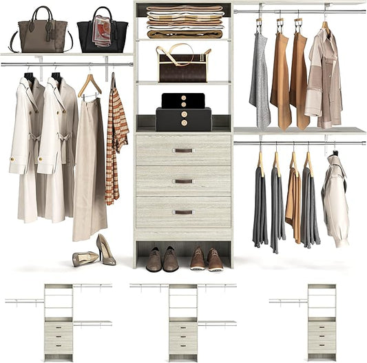 Armocity 96 Inches Closet System, 8FT Walk In Closet Organizer with 3 Shelving Towers, Heavy Duty Clothes Rack with 3 Drawers, Built-In Garment Rack, 96"L x 16"W x 75"H, Load 1000 LBS, White Oak