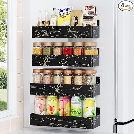 Mystozer Magnetic Spice Rack for Refrigerator, Kitchen Organizer and Storage Shelf, Black Gold(4 Pack)