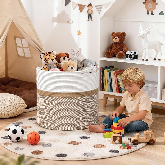 Goodpick 17"x16" Toy Storage for Kids, Home Décor Living Room, Woven Laundry Basket for Blankets Pillows Clothes, Baby Basket for Fall Decorations, White & Camel