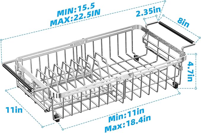 Expandable Over The Sink Dish Drying Rack, Anti-Rust Stainless Steel in Sink Dish Drainer with Cutlery Holder, Counter Space Saving Sturdy Sink Drying Rack for Many Kitchen Drain Task