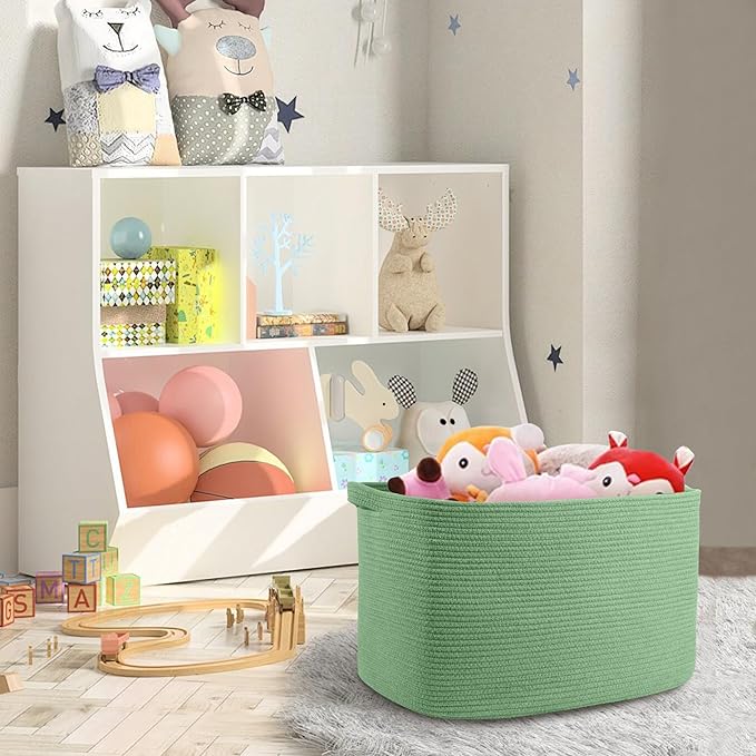 MEGASKET Large Green Baskets for Organizing, 23.6" x 17" x 12" Rectangle Blanket Holder Organizer, Kids Toy Storage Bins, Woven Rope Storage Basket, Green Home Decor Basket, Baby Nursery Storage