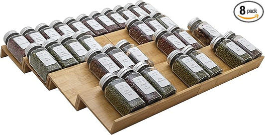Bamboo Spice Rack Drawer Organizer - 8 Pieces Set- 10" Wide Per Piece - Combine Pieces Into 20" Wide Rack (10" or 20")