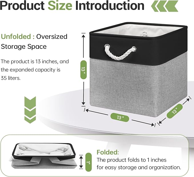 ECDYQXVU 13x13 Inch Cube Storage Bins with Reinforced Bottom Cardboard, 6 Pack Large Foldable Fabric Storage Cubes with Handles for Shelf, Closet, Laundry Organization (Black&Gray)