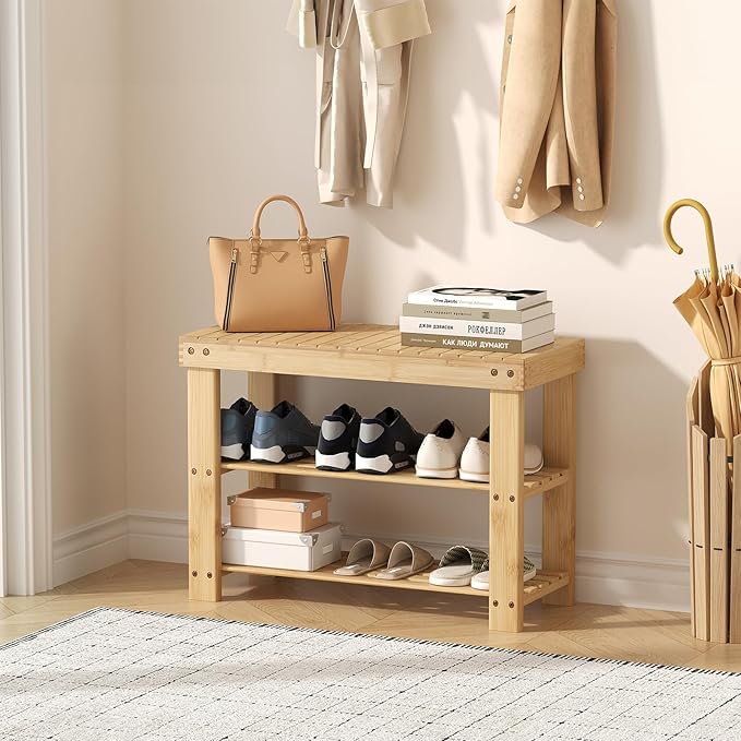 Sweetcrispy Shoe Rack Bench, 3-Tier Bamboo Entryway Storage Organizer, 286lb Capacity, Shoes Stand for Front Door Entrance, Bedroom, Living Room, Bathroom, Balcony, 11.3 x 27.6 x 17.8 Inches, Wood