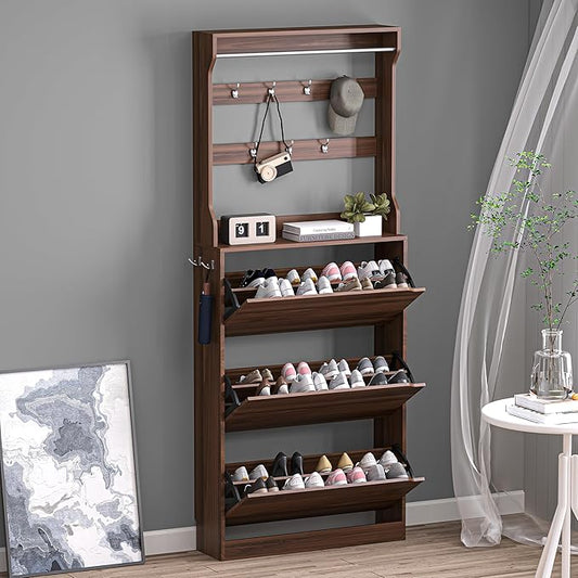 BORNOON Shoe Cabinet with 3 Flip Drawers & Coat Rack, Narrow Hidden Shoe Storage Cabinet, 2-in-1 Hall Tree Slim Freestanding Shoe Rack Organizer for Entryway, Hallway, and Living Room