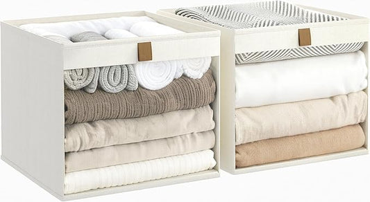 Linen Closet Organizers and Storage, Closet Storage Bins Basket Organizer, Foldable Organization Baskets with Mesh Window for Clothes Towels and Toys, 11" x 11" x 11", Beige, 2 pack