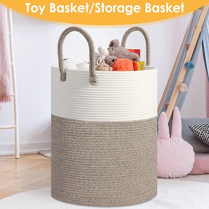 Cotton Rope Laundry Basket, 60L Large Collapsible Storage Hamper with Handles, Sturdy Woven Basket for Blankets, Toys, Clothes, Decorative Tall Nursery Organizer for Living Room Bedroom,Beige