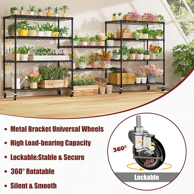 PrimeZone 48" W x 24" D x 81" H Heavy Duty Wire Storage Shelves with Wheels, 5 Tier Adjustable NSF Certified Garage Shelving Unit, Rolling Metal Organizer Shelf Utility Rack for Warehouse, Restaurant