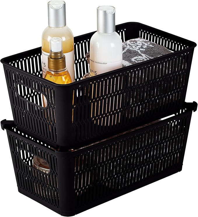 Simplify 2Pk Small Slide 2 Stack It Tote Basket | Storage & Organization | Open Bins with Stackable Capability | Bathroom | Crafts | Pantry | Playroom | Office | Black
