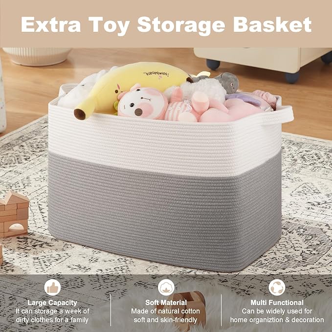 OIASKET XXXL Supre Large Blanket Basket for Clothes, Towels, Pillows, 108L Cotton Rope Storage Basket for Living Room, Woven Toy Storage for Kids, 25" x 16" x 16", Grey and White