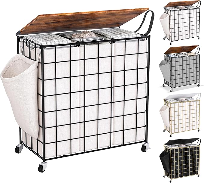 Laundry Basket with Wheels, Heavy Duty Laundry Sorter 3 Sections, 140L (37Gal.) Large Capacity Laundry Hamper with Wood Lid, 360 Rolling Wheels, Extra Side Pocket, Leather Pull Handle (Beige)