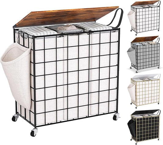 Laundry Basket with Wheels, Heavy Duty Laundry Sorter 3 Sections, 140L (37Gal.) Large Capacity Laundry Hamper with Wood Lid, 360 Rolling Wheels, Extra Side Pocket, Leather Pull Handle (Beige)