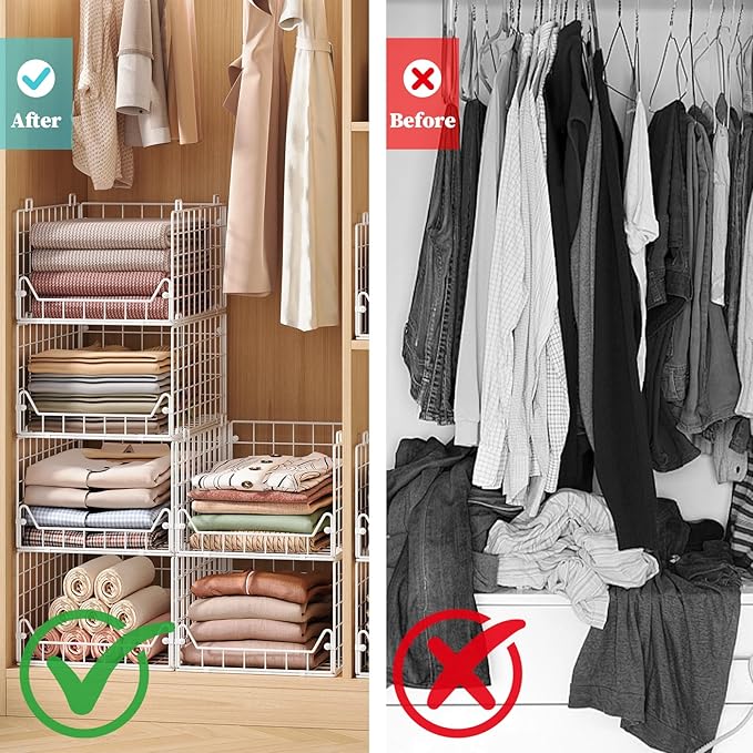 Jakyitvi 6-Tier Closet Shelf Organizer,Metal Stackable Closet Organizers and Storage,Clothes Storage Bins,Shelf Organizer Basket ,Folded Shelf Organizer for Closet Wardrobe,White