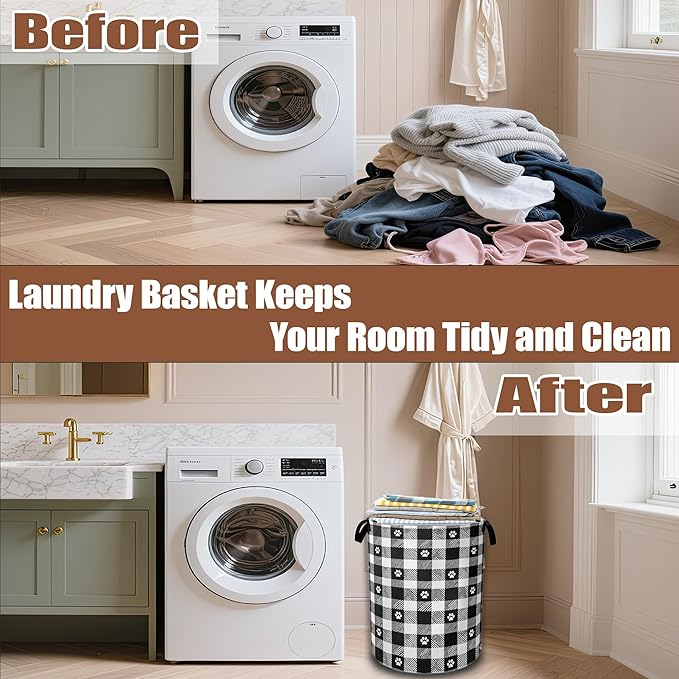 Black White Plaid Laundry Basket,Waterproof Foldable Cat Paws Laundry Hamper,Dirty Clothes Basket, Linen Bin Storage Organizer Collection 16" x 20.8"