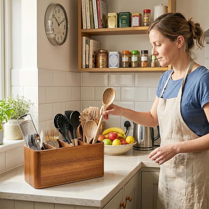 Kitchen Utensil Holder for Countertop, Extra Large Acacia Wood Utensil Organizer, 4-Compartment Storage for Cooking Utensils, Silverware and Cutlery