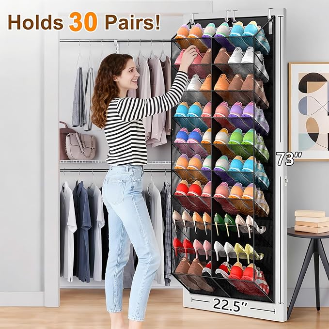 UVIAHOMI 30 Pairs Over the Door Shoe Organizer, Breathable Mesh Pocket Hanging Shoe Storage for Closet, 10-Tier Door Shoes Rack, Handing Shoes Holder Fit All the Family's Sneakers, Boots, Heels, Black
