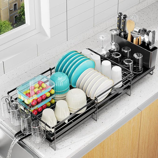 Large Dish Drying Rack, Expandable Dish Rack for Kitchen Counter, Dish Drainer with Drainboard Set, Multifunctional Dishrack with Utensil & Cup Holder, 13.4"-28.7" L x 11.8" W x 7.4" H, Black