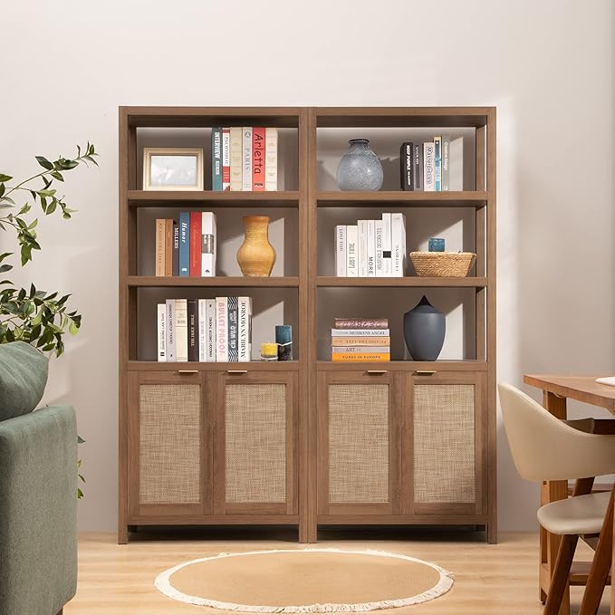 SICOTAS Bookshelf 5 Tier Book Shelf Rattan Boho 71" Tall Bookcase with Doors Storage Shelves Large Bookshelves Farmhouse Bookcases Library Book Case for Living Room Bedroom Home Office Kitchen | Book Shelf, Bookcase, Storage Shelves, Large Bookshelves,...