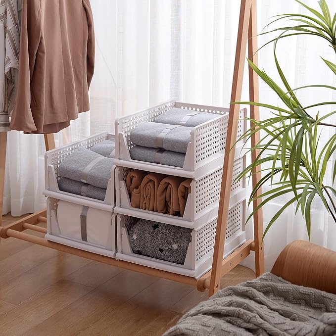 Stackable Plastic Storage Basket-Foldable Closet Organizers and Storage Bins - Drawer Shelf Storage Container for Wardrobe Cupboard Kitchen Bathroom Office (White Large-4 Pack)