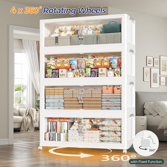 200Gal/800QT 5-Tiers Extra Large Stackable Storage Bins with Lid, Collapsible Cabinet Closet Organizer Plastic Container Box with Wheels Doors Drawers for Office Dorm Kitchen, White