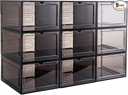 Attelite X-Large Clear Plastic Shoe Boxes - Stackable Shoe Organizer with Magnetic Door, Drop Front Display Box (9 Pack, Clear Black)