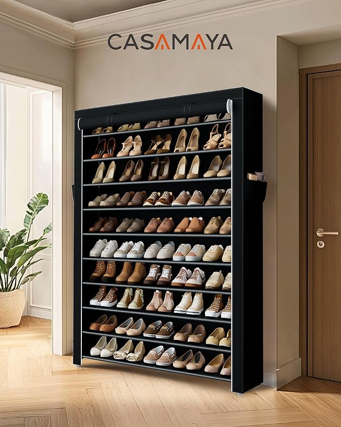 CASAMAYA Shoe Rack with Covers, 10 Tiers Tall Shoe Rack Organizer, Large Capacity Shoe Shelf Storage, Hold 50 Pairs of Shoes, Vertical Shoe Storage Organizer for Closet, Entryway, Black, SRT105B01