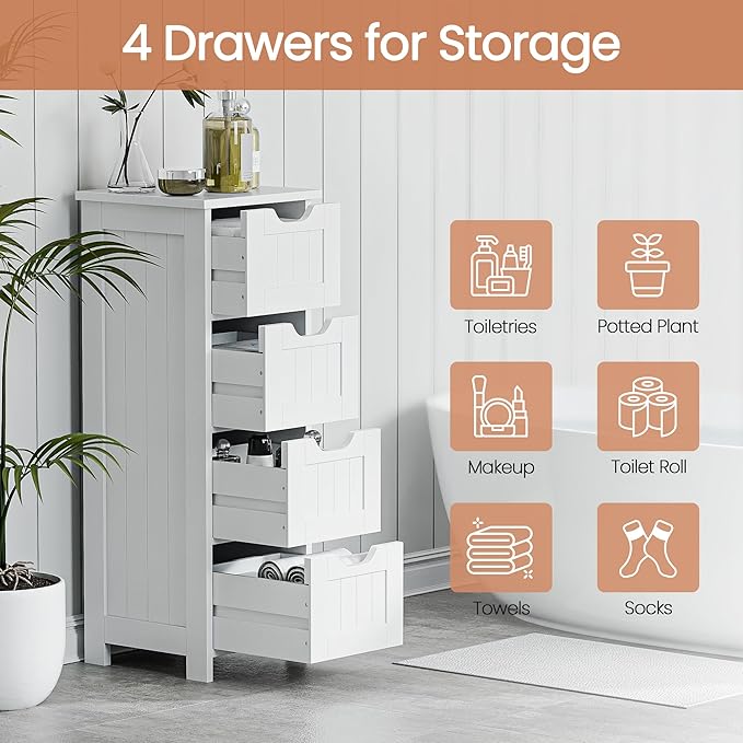 SUPER DEAL Small Bathroom Storage Cabinet with 4 Drawers, Freestanding Narrow Wooden Side Storage Organizer for Bathroom Hallway Living Room, White